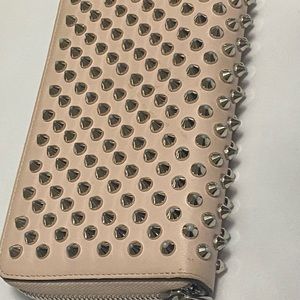 christian louboutin Panettone Spikes Calfskin Zip Wallet light pink and red